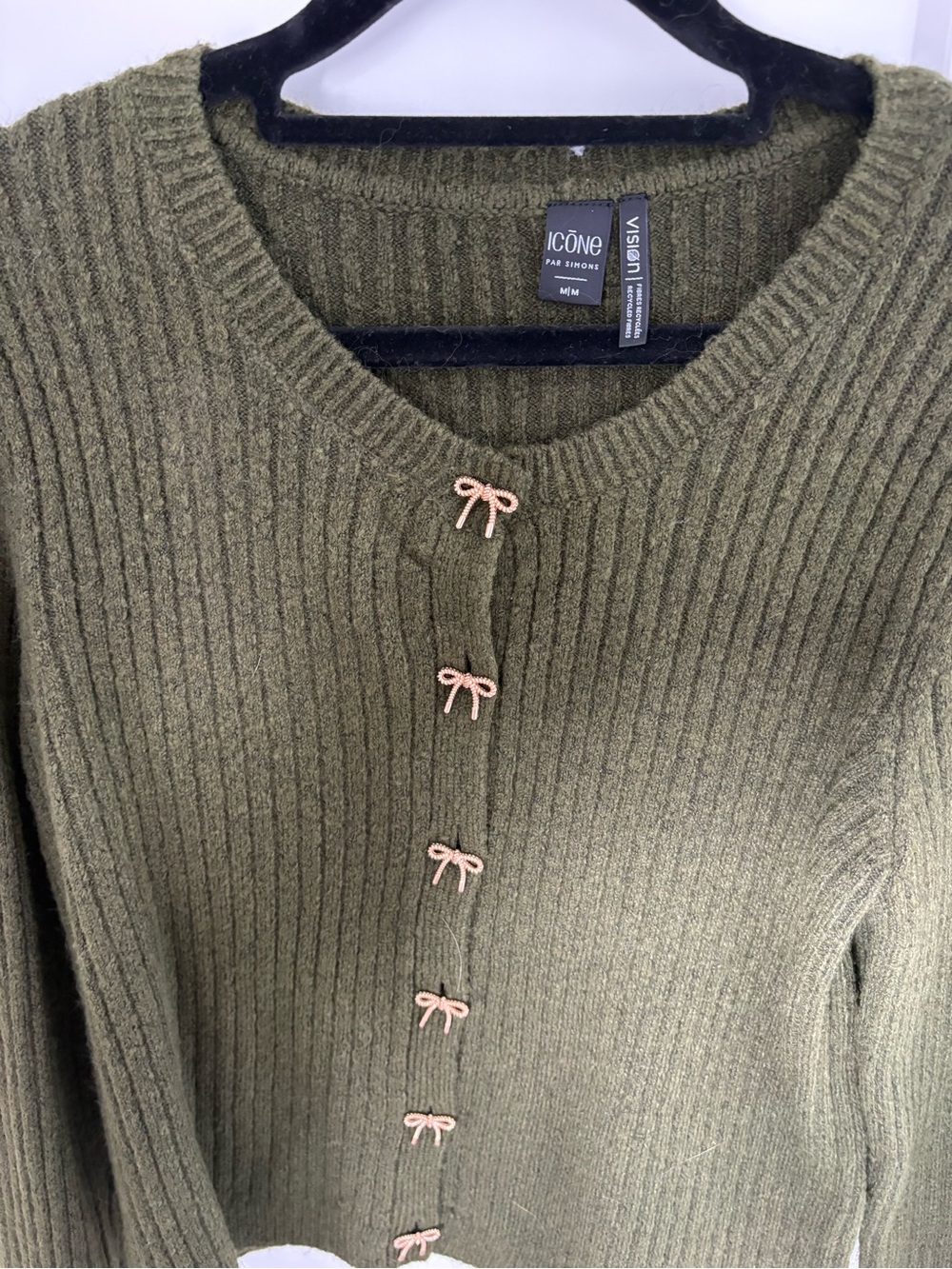 Ribbed Olive Green Button-Front Sweater - Picture 2 of 4